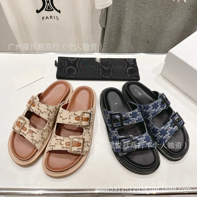 CELINE Sandals Two-Buckle Triomphe Canvas Slide product detail image 3