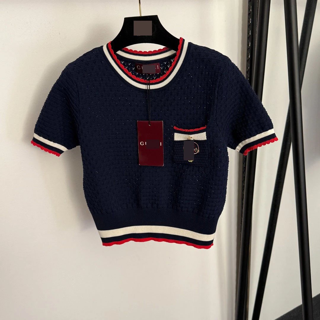 Gucci Knit Short-Sleeve Top Navy with Red-White Trim Sweater - 4