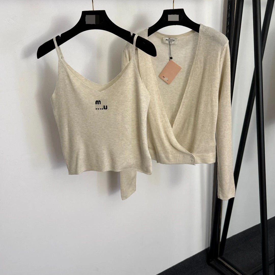 Miu Miu Logo-Embroidered Beige Cropped Camisole and Wrap Cardigan Set - 5