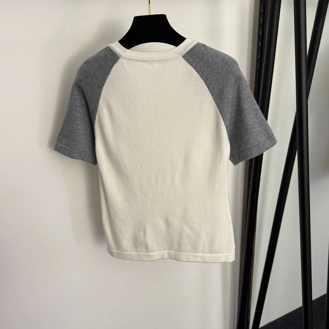 Miu Miu Raglan Sleeve Knit T-Shirt in Off-White and Gray - 7