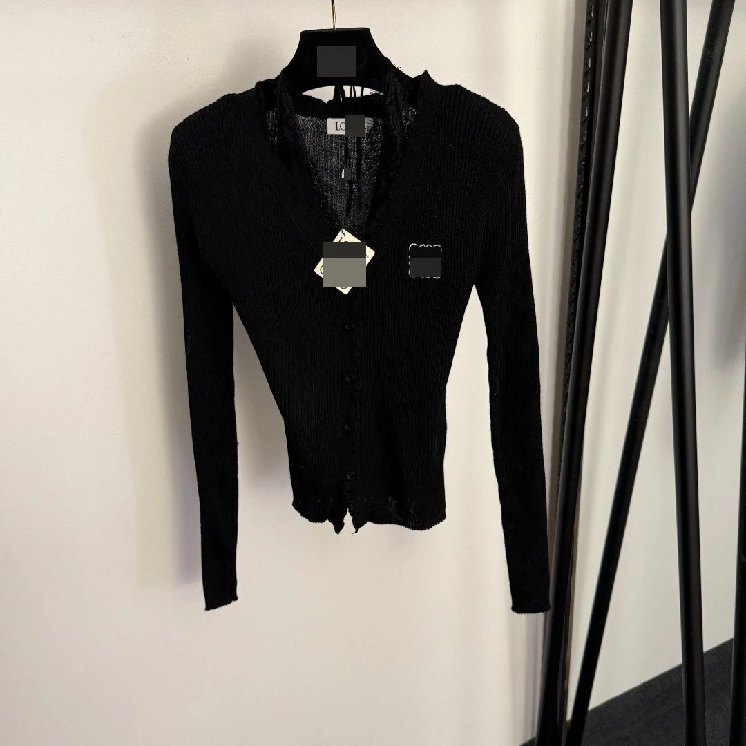 LOEWE Ribbed Knit V-Neck Cardigan Black - 4
