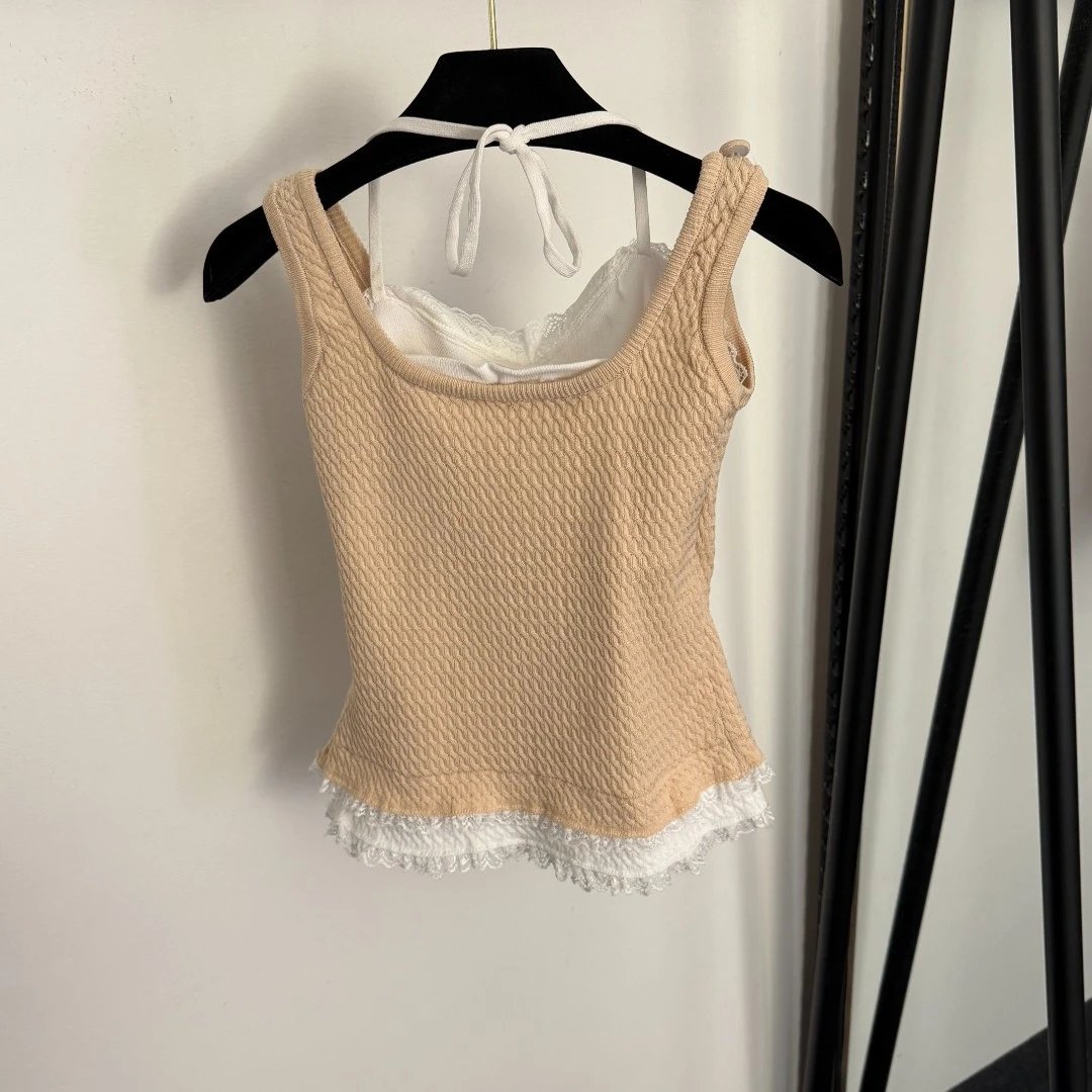 MMY Textured Lace Trim Knit Vest-Top White - 9