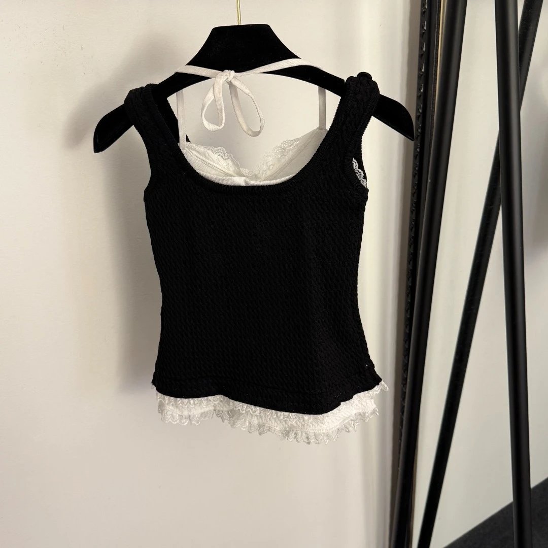 MMY Textured Lace Trim Knit Vest-Top White - 11