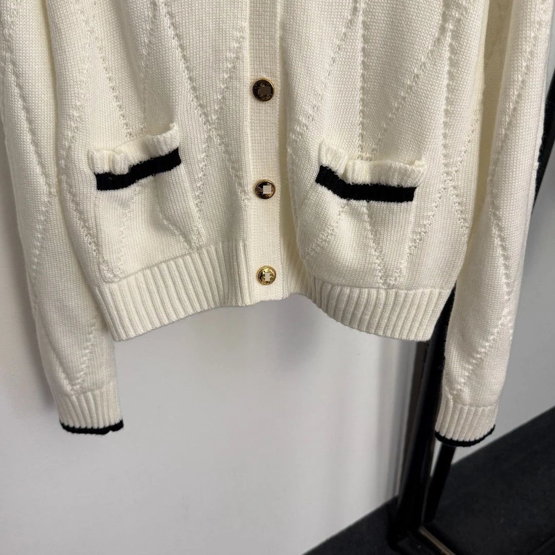 Chanel Tweed-Style Knit Cardigan White with Black Trim Cardigan - 7