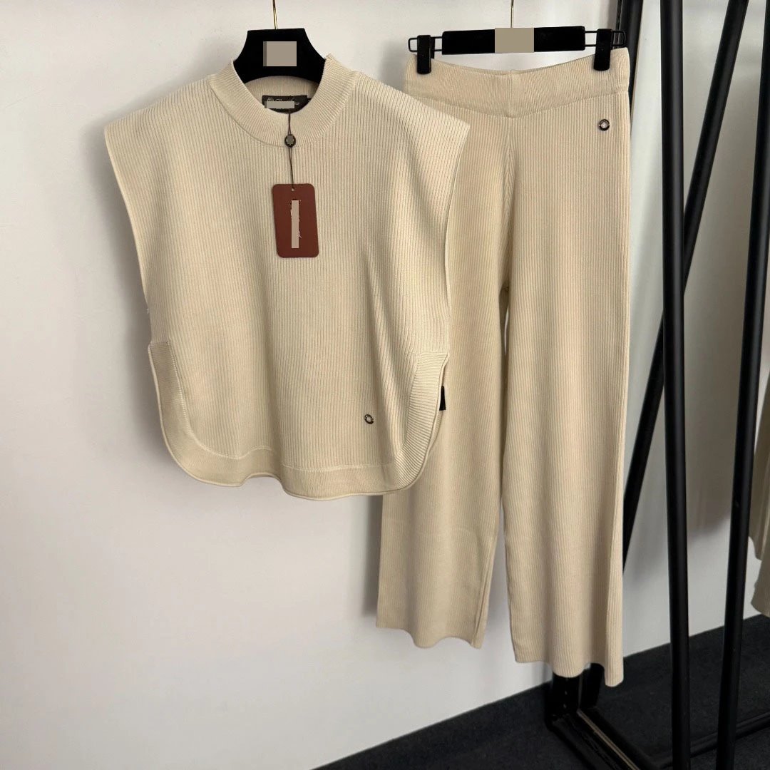 Design Ribbed Knit Two-Piece Set Beige Vest Top and Wide-Leg Pants - 7