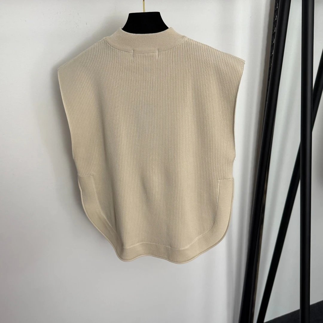 Design Ribbed Knit Two-Piece Set Beige Vest Top and Wide-Leg Pants - 9