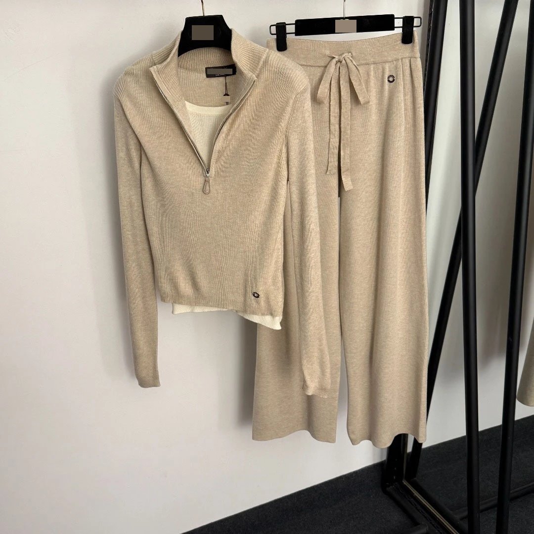 Design Ribbed Mock Neck Cropped Sweater and Wide-Leg Drawstring Pants Set Black - 5