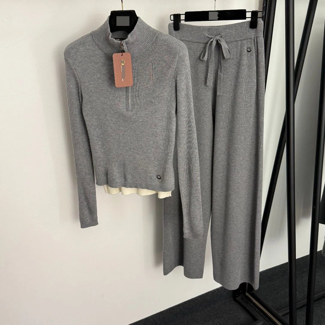 Design Ribbed Mock Neck Cropped Sweater and Wide-Leg Drawstring Pants Set Black - 8