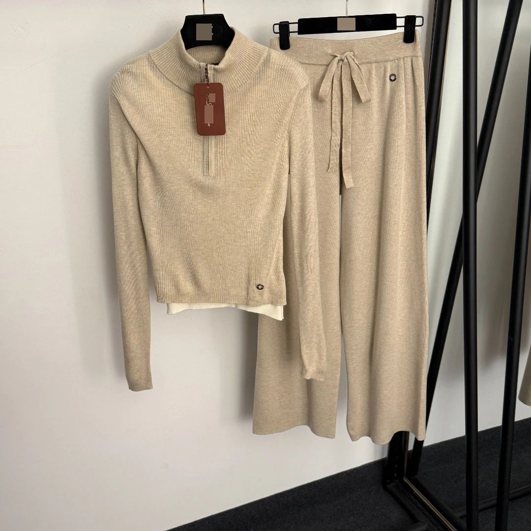 Design Ribbed Mock Neck Cropped Sweater and Wide-Leg Drawstring Pants Set Black - 4