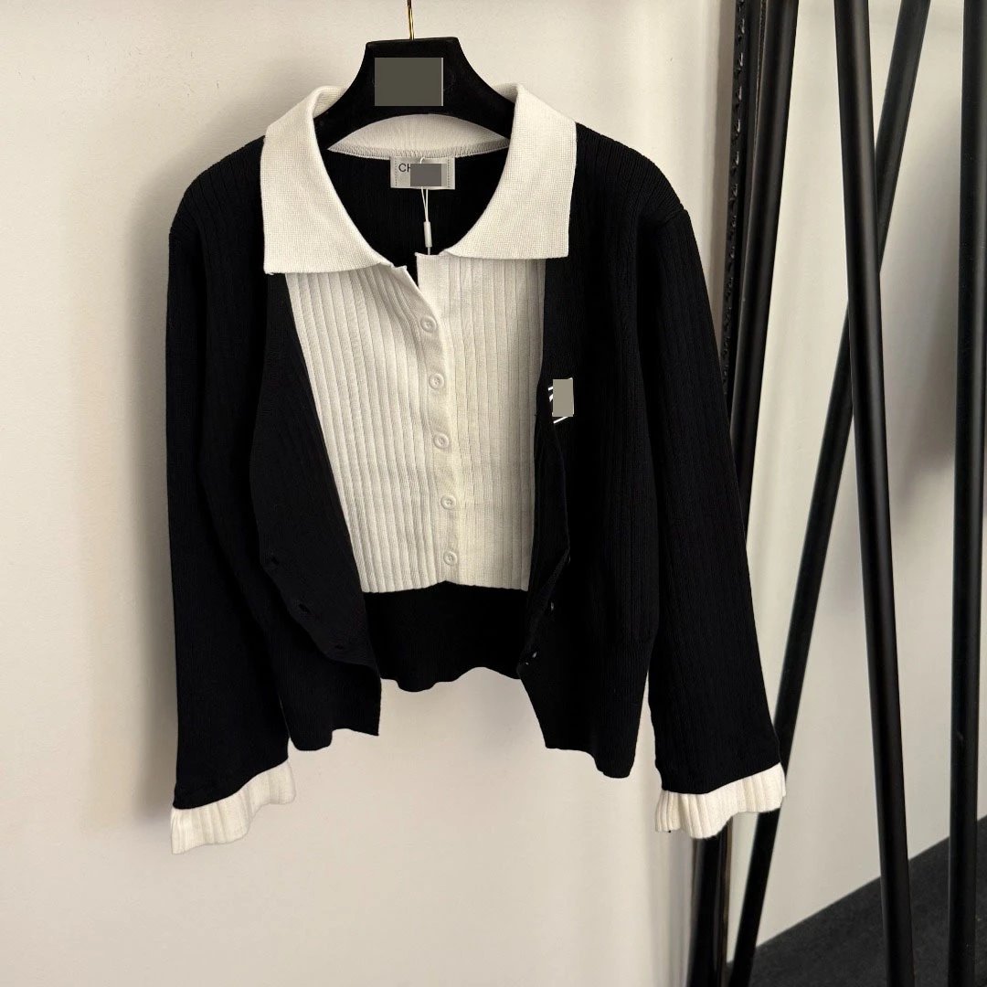 GRA Collar-Trim Knit Cardigan and Wide-Leg Pants Set Black/White - 4