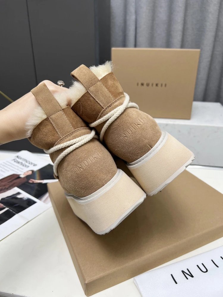 INU IKII Platform Shearling-Lined Ankle Boots Beige - 5