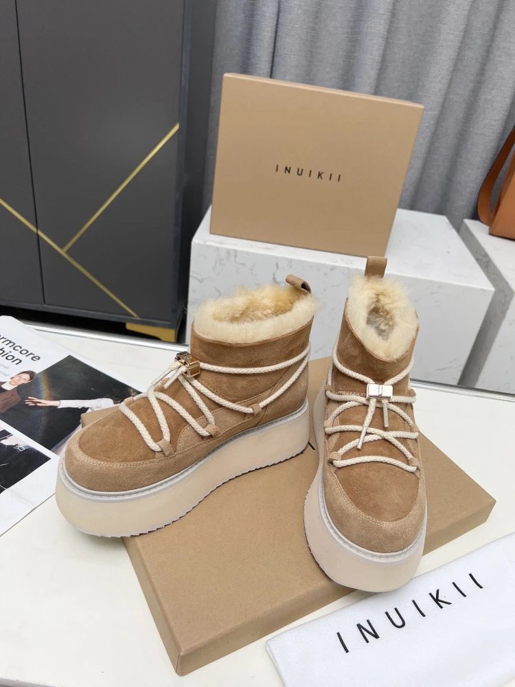 INU IKII Platform Shearling-Lined Ankle Boots Beige - 8