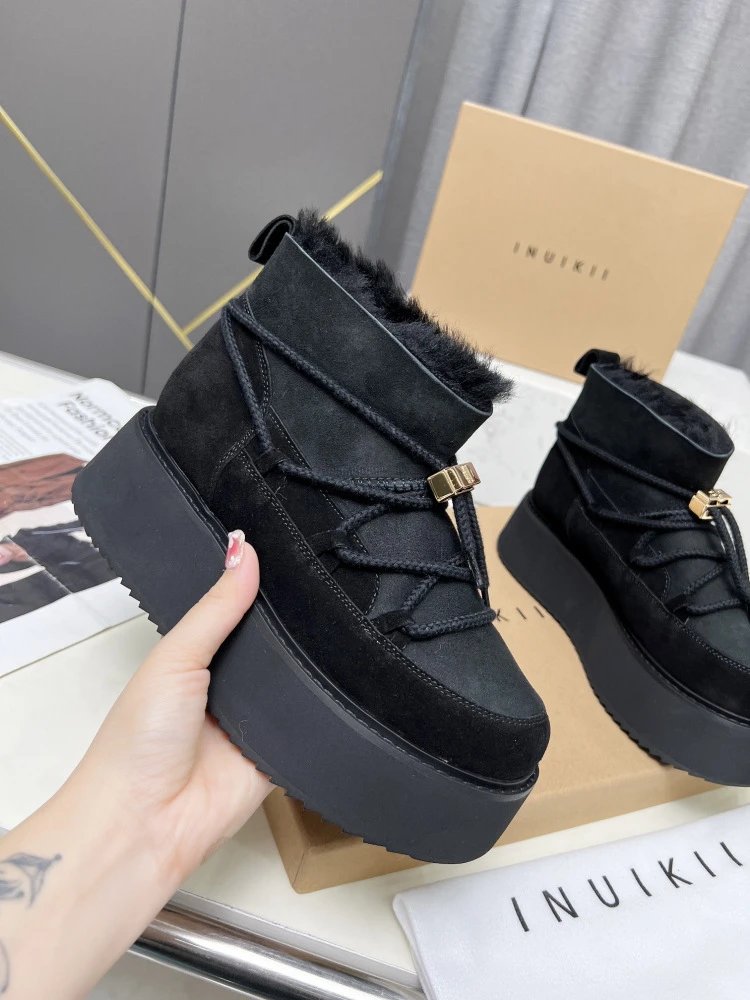 INU IKII Platform Shearling-Lined Ankle Boots Beige - 15