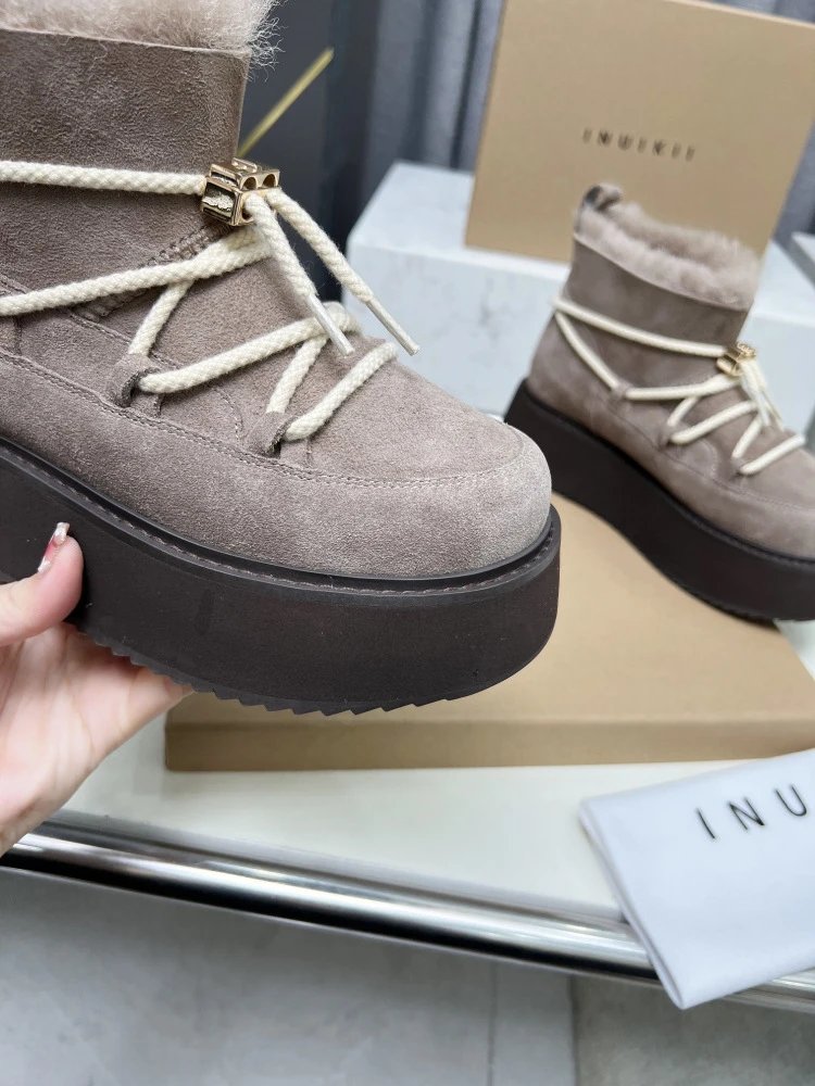 INU IKII Platform Shearling-Lined Ankle Boots Beige - 24