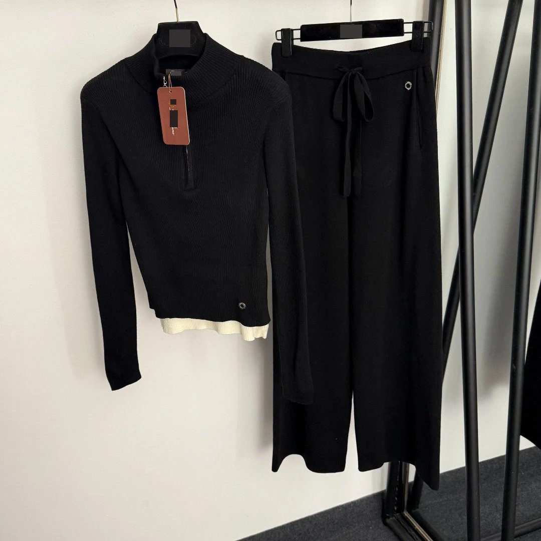 Design Ribbed Mock Neck Cropped Sweater and Wide-Leg Drawstring Pants Set Black - 6