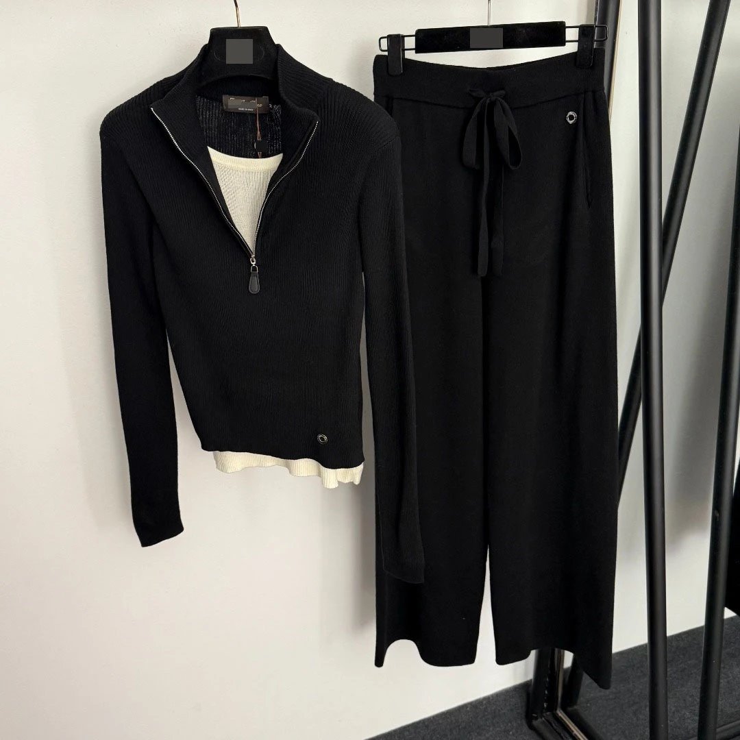 Design Ribbed Mock Neck Cropped Sweater and Wide-Leg Drawstring Pants Set Black - 7