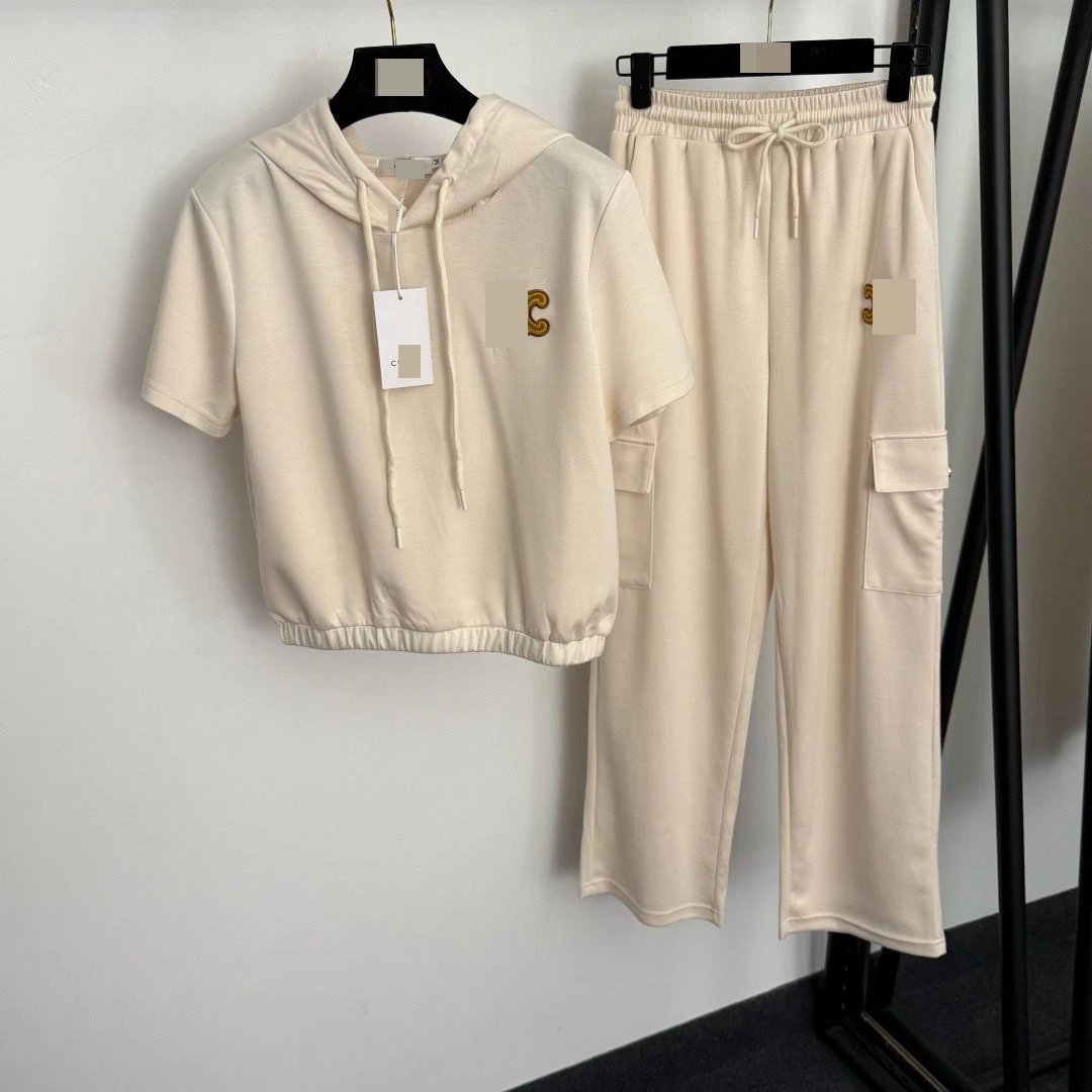 GRA Short-Sleeve Cropped Hoodie and Cargo Sweatpants Set Beige - 7