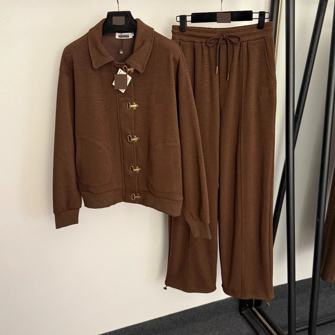 Design Corduroy Toggle Jacket and Wide-Leg Sweatpants Set Brown - 5