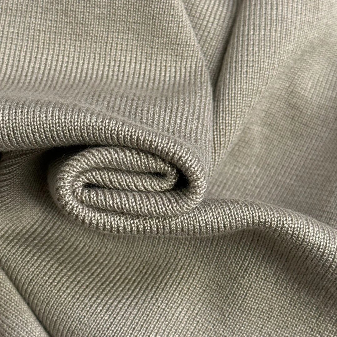 Beige Ribbed Knit Three-Piece Set: Turtleneck Vest, Open-Front Cardigan, Wide-Leg Pants - 11