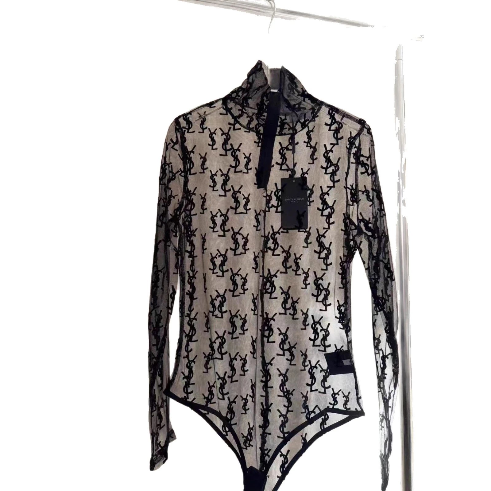 Saint Laurent Underwear Sheer monogram mesh long-sleeve bodysuit image 5