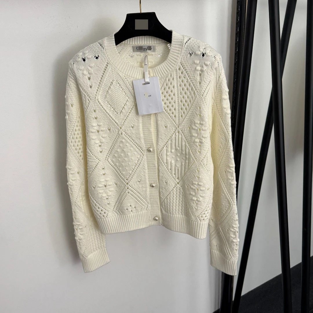 Dior Knit Diamond-Texture Cropped Vest and Cardigan Set Ivory - 5