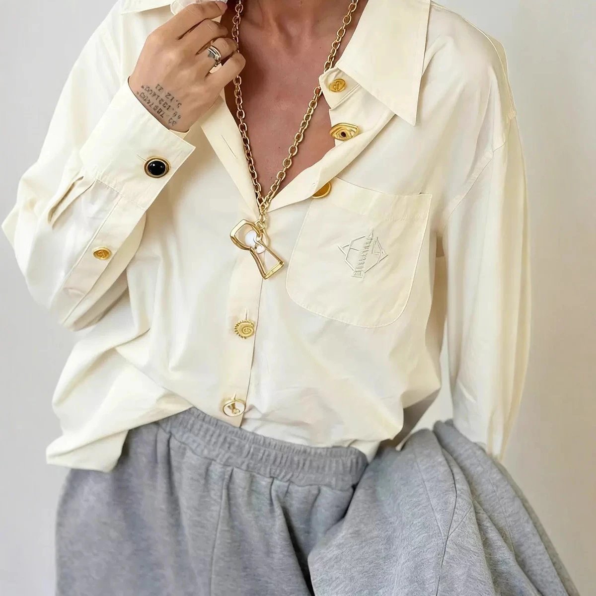 Unbranded Shirts Long-Sleeve Button-Up Shirt with Embroidered Chest Pocket and Gold-Tone Buttons image 3