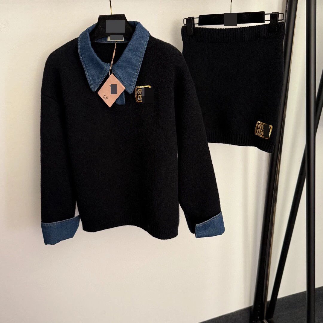 Fendi FF Logo Denim-Collar Knit Sweater and Skirt Set Black - 5