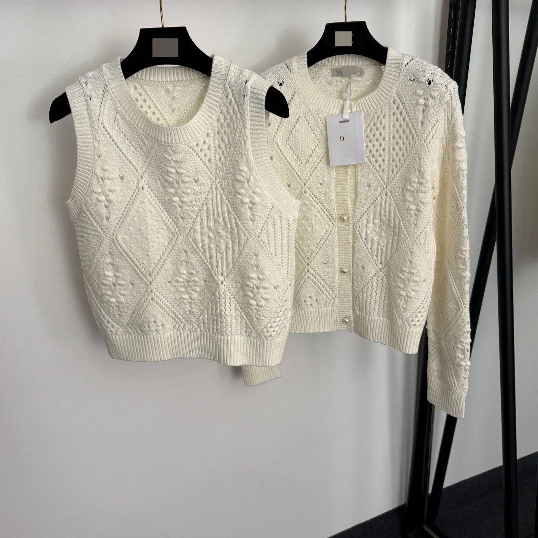 Dior Knit Diamond-Texture Cropped Vest and Cardigan Set Ivory - 4