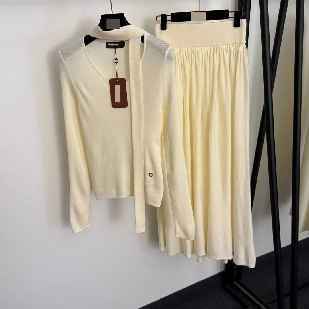 Beige Knit Wrap Cardigan and Pleated Skirt Set - 4
