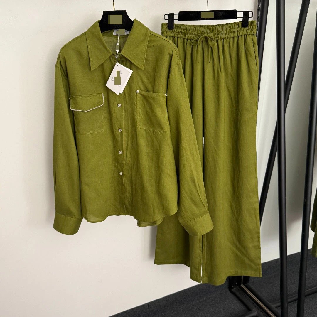 Olive Green Linen-Blend Shirt and Wide-Leg Pants Set - 5