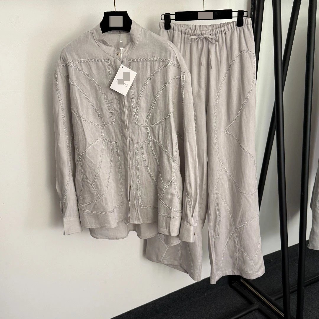 Design Linen-Blend Embroidered Green Set: Shirt and Wide-Leg Pants - 8