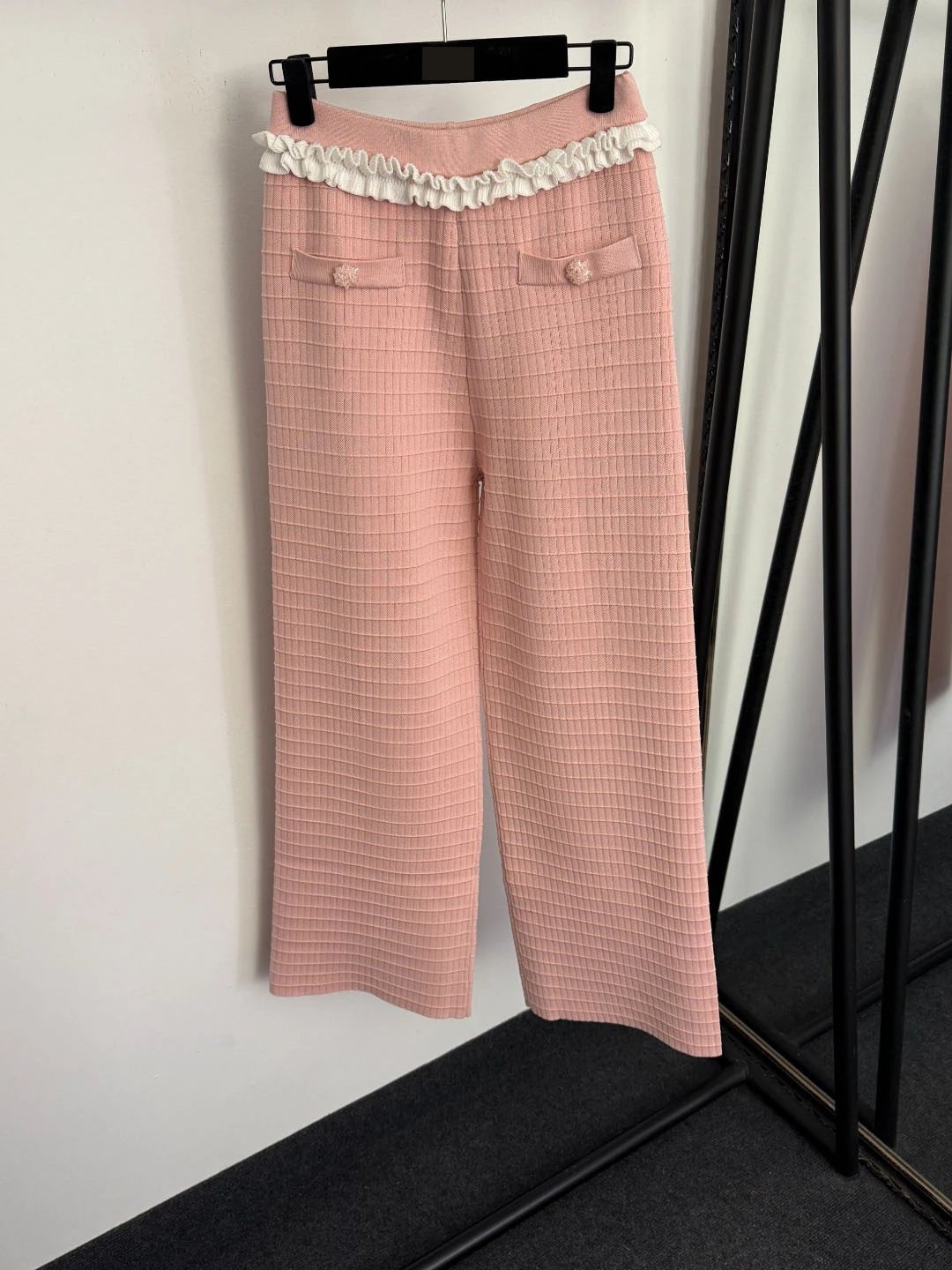 Chanel-Inspired Ruffled Waist Tweed Pants Pink - 11