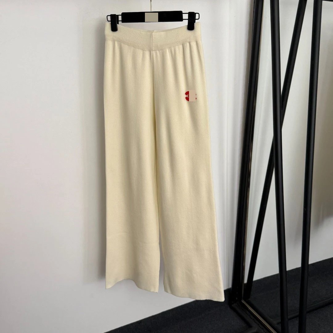 Chanel Knit Top and Wide-Leg Pants Set Beige with Red Grid Pattern Clothing Set - 9