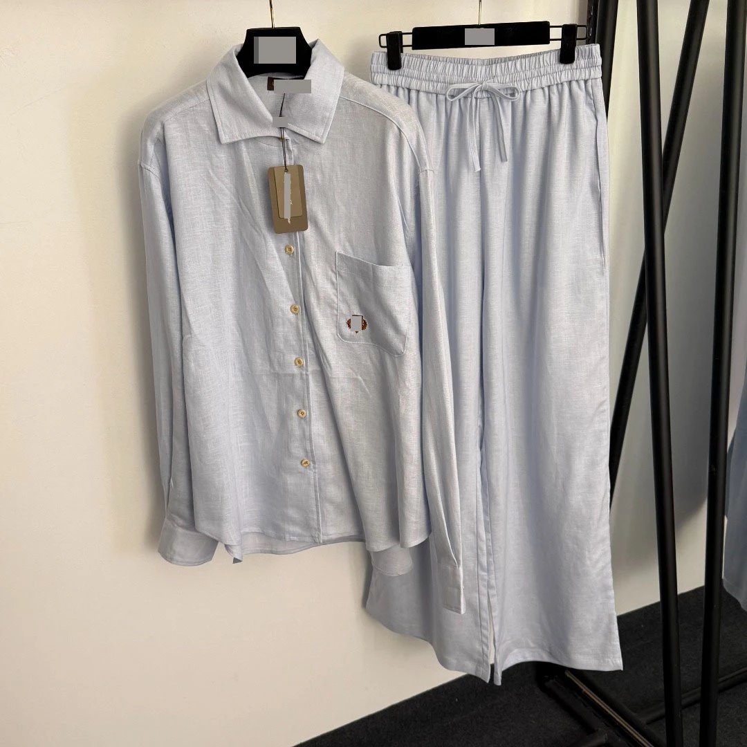 Design Linen-Blend Shirt and Wide-Leg Pants Set Beige Casual Set - 6
