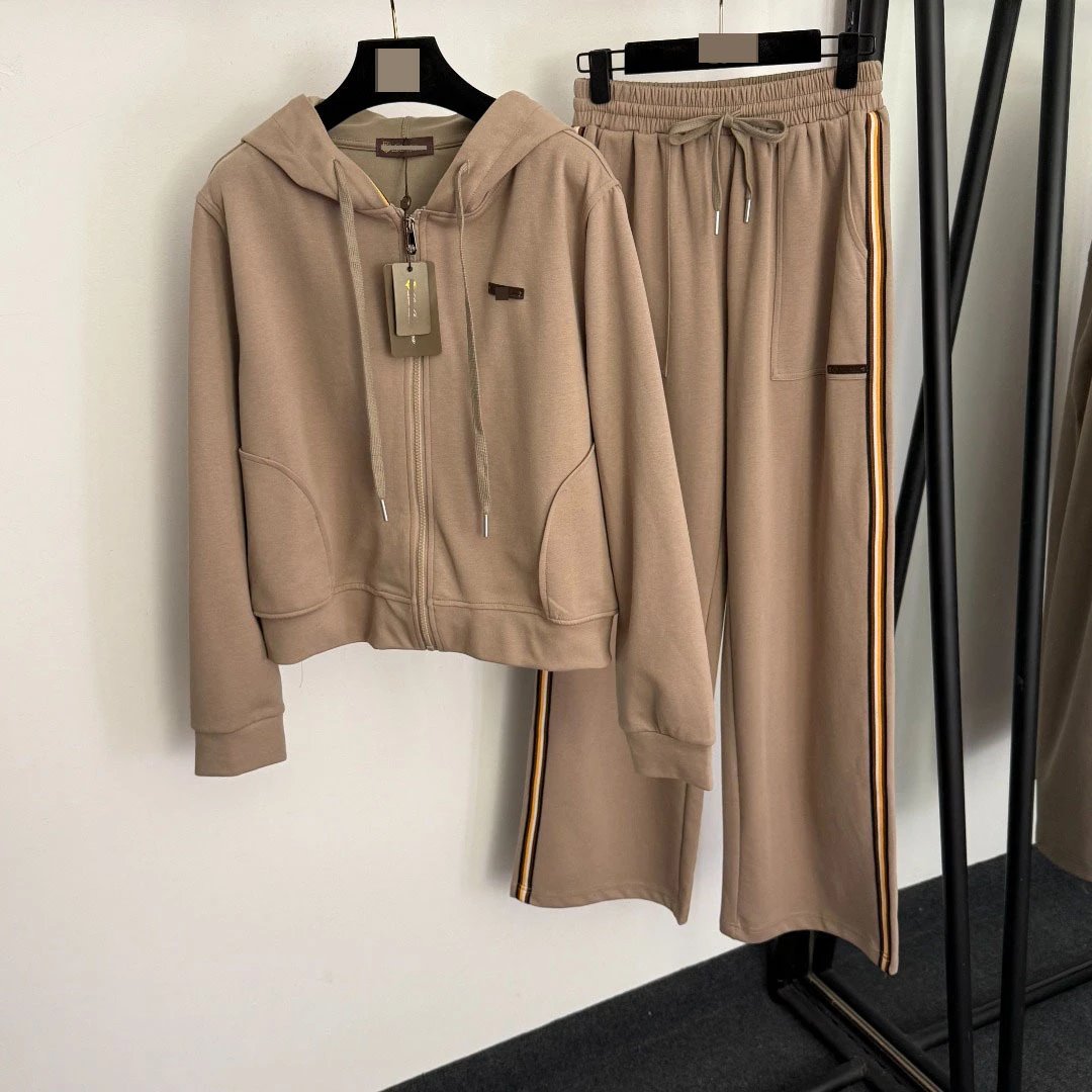 Design Cropped Hoodie and Side-Stripe Sweatpants Set Beige Tracksuit - 4