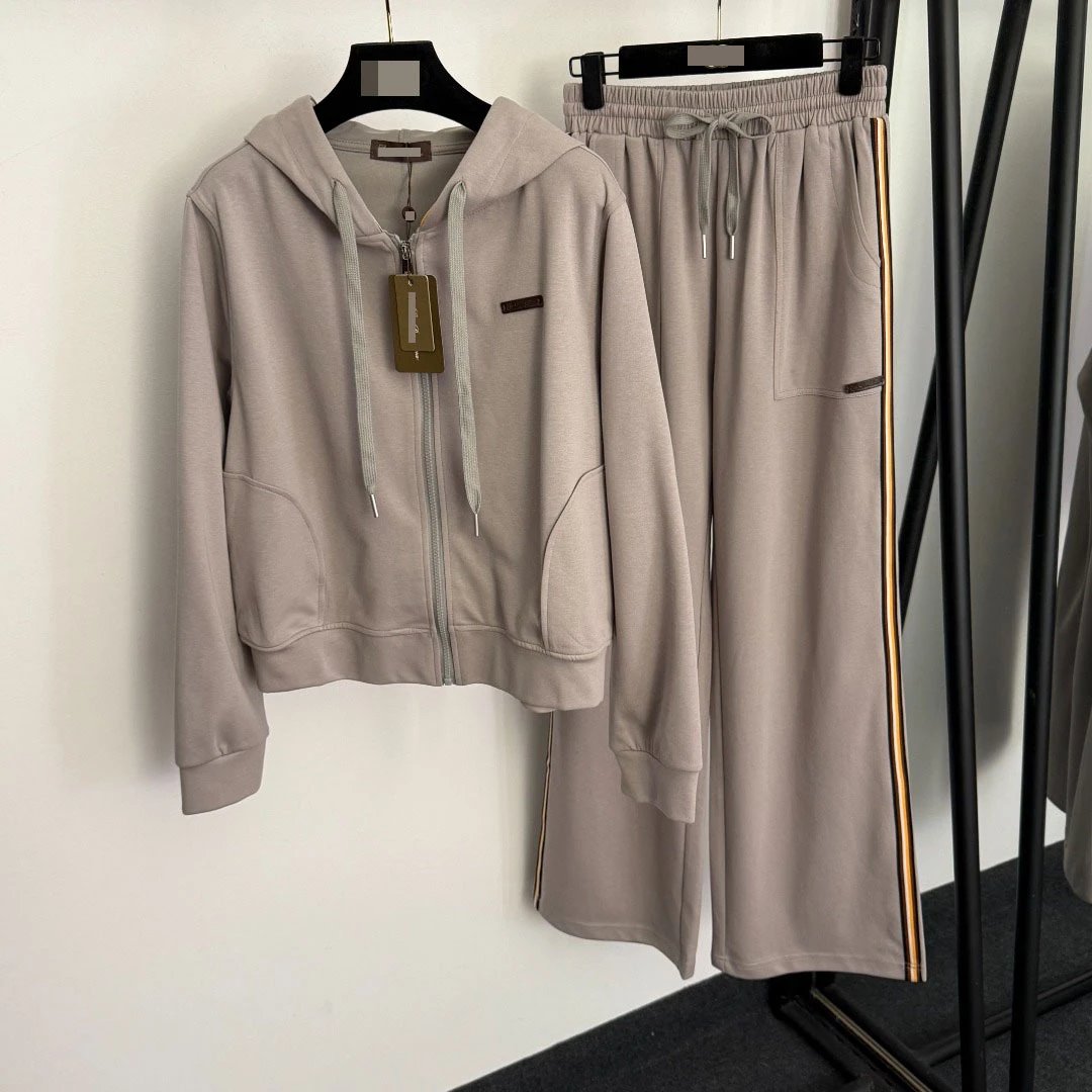 Design Cropped Hoodie and Side-Stripe Sweatpants Set Beige Tracksuit - 6