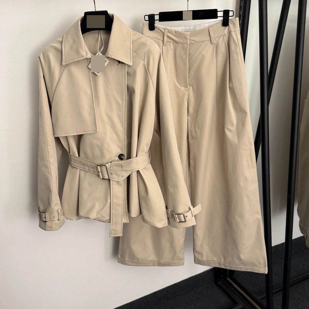 Beige Trench Coat and Wide-Leg Pants Set - 5