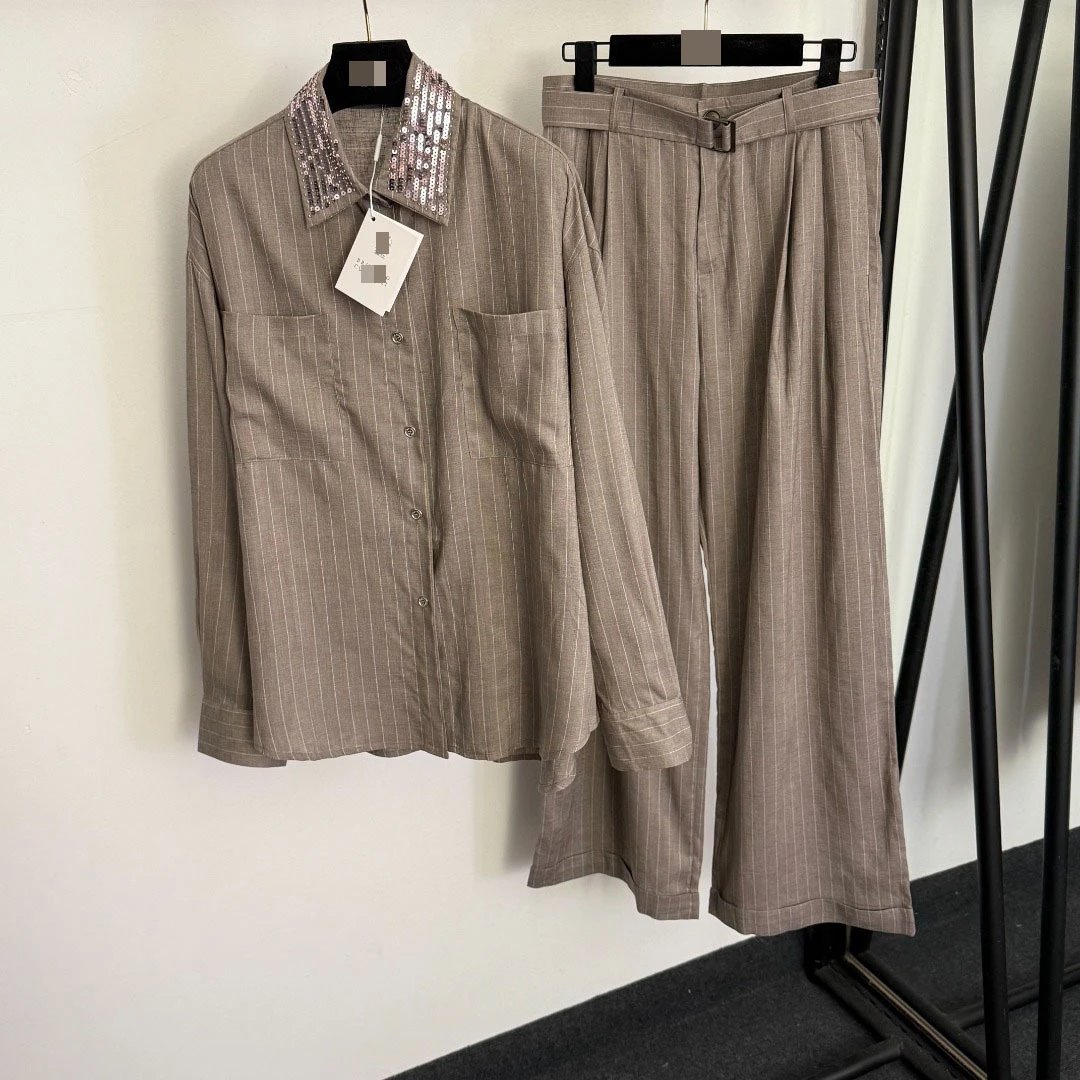 Off-White Sequin Collar Pinstripe Shirt and Trousers Set Gray - 7