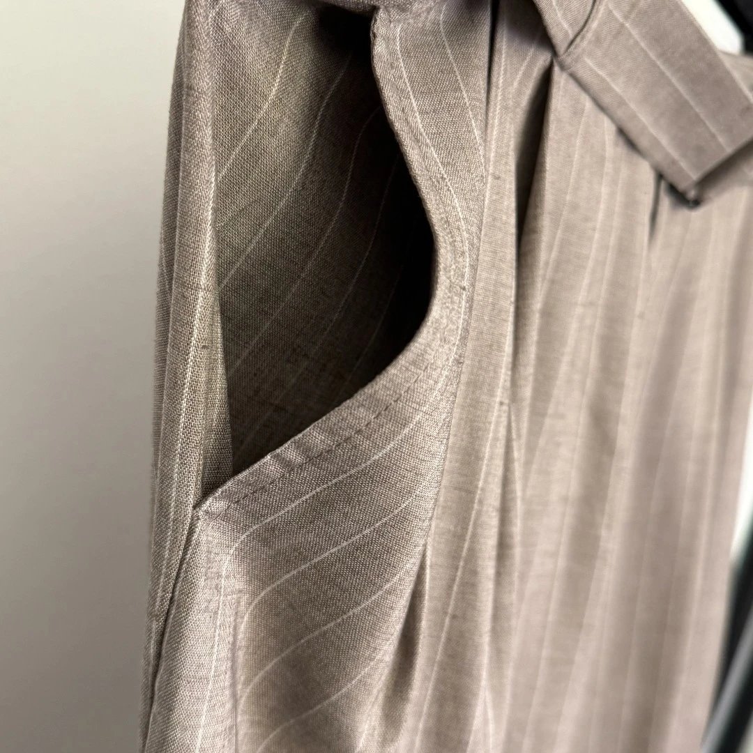 Off-White Sequin Collar Pinstripe Shirt and Trousers Set Gray - 11