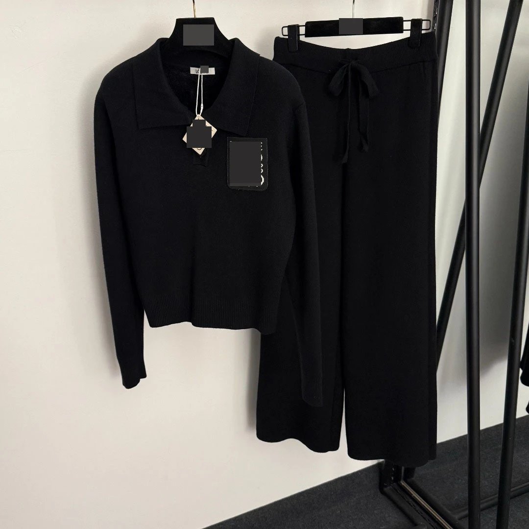 Black Knit Collared Sweater and Wide-Leg Pants Set - 4