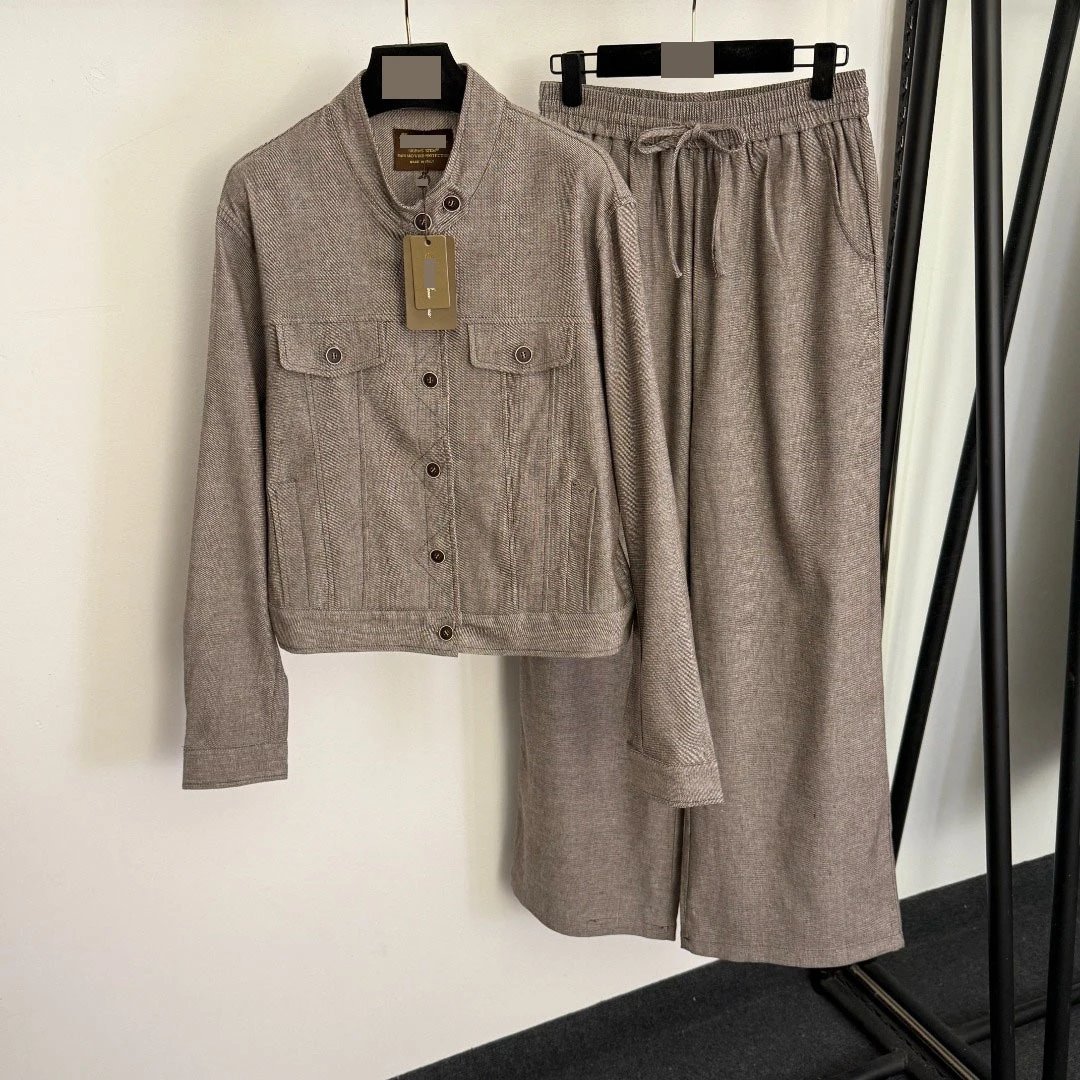 Design Textured Knit Jacket and Wide-Leg Pants Set Beige Casual Set - 4