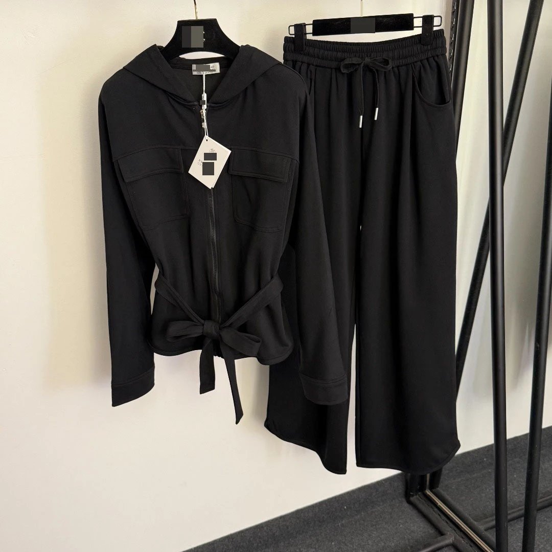 Beige Hooded Wrap Jacket and Wide-Leg Sweatpants Set - 4