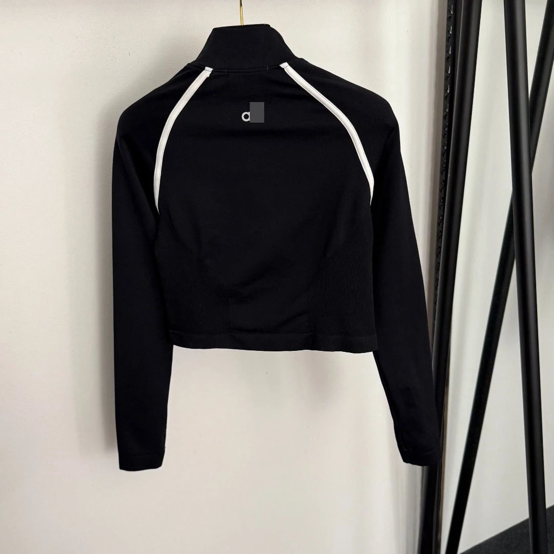 Alphaca Cropped Zip-Up Activewear Set Black with White Contrast Stitching - 9