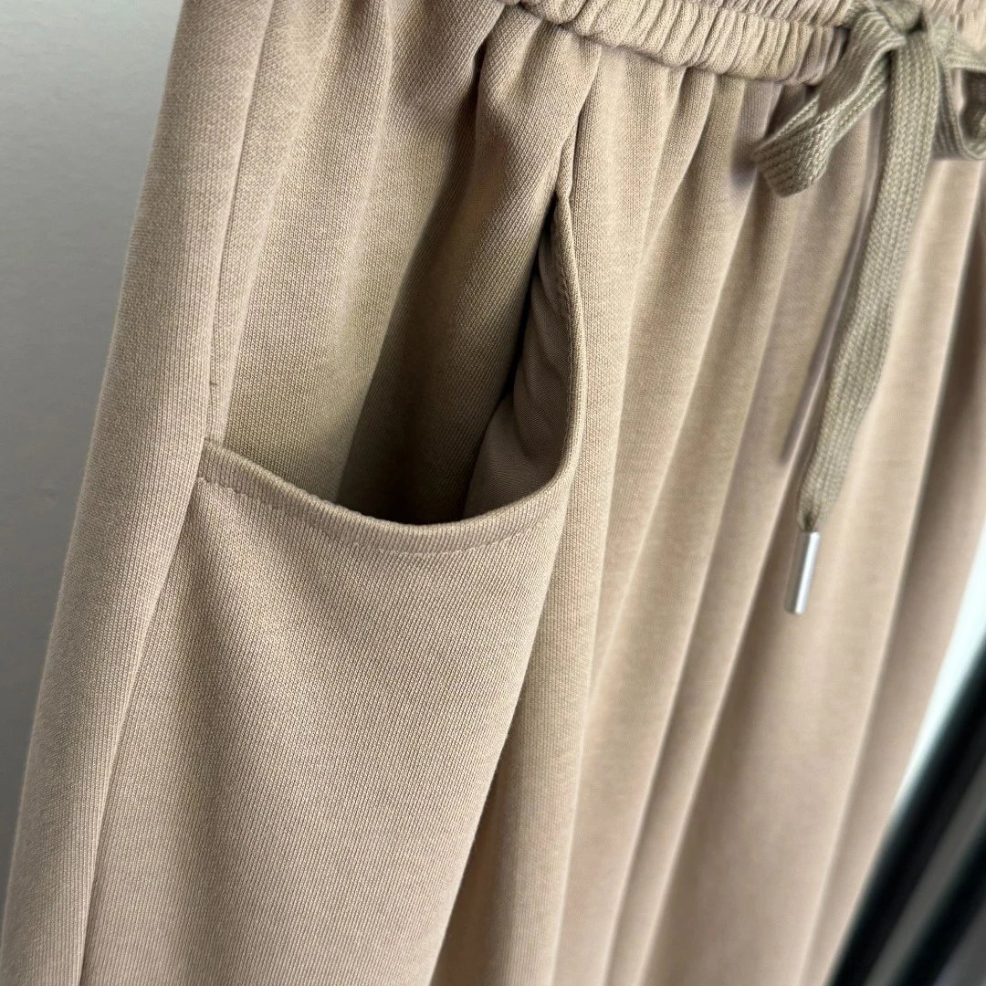 Beige Hooded Wrap Jacket and Wide-Leg Sweatpants Set - 10