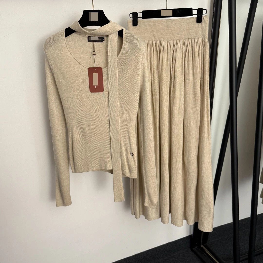 Beige Knit Wrap Cardigan and Pleated Skirt Set - 5