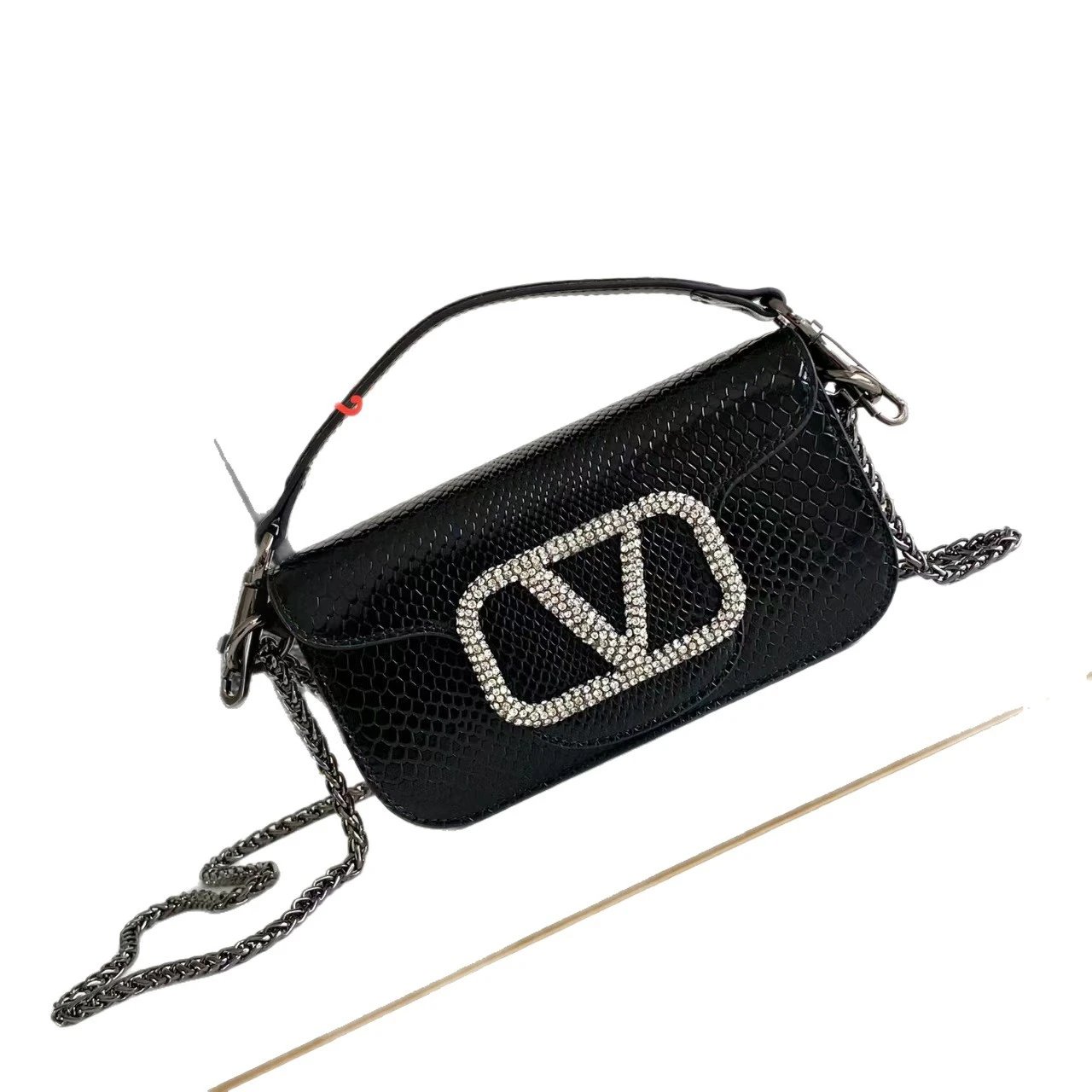 Unbranded Crossbody Bags Snakeskin-Embossed Flap Bag with Rhinestone V-Shaped Clasp image 5