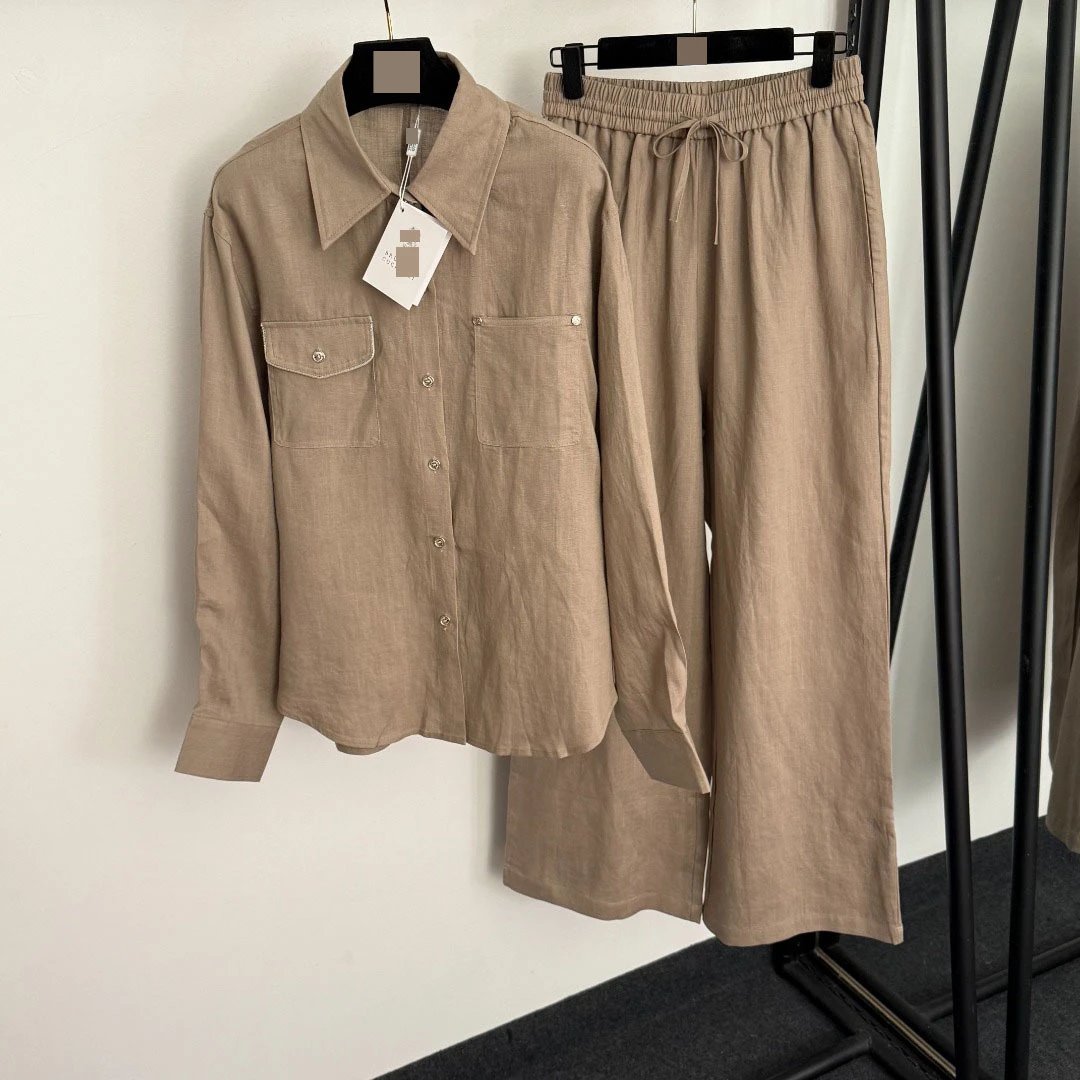 Olive Green Linen-Blend Shirt and Wide-Leg Pants Set - 4
