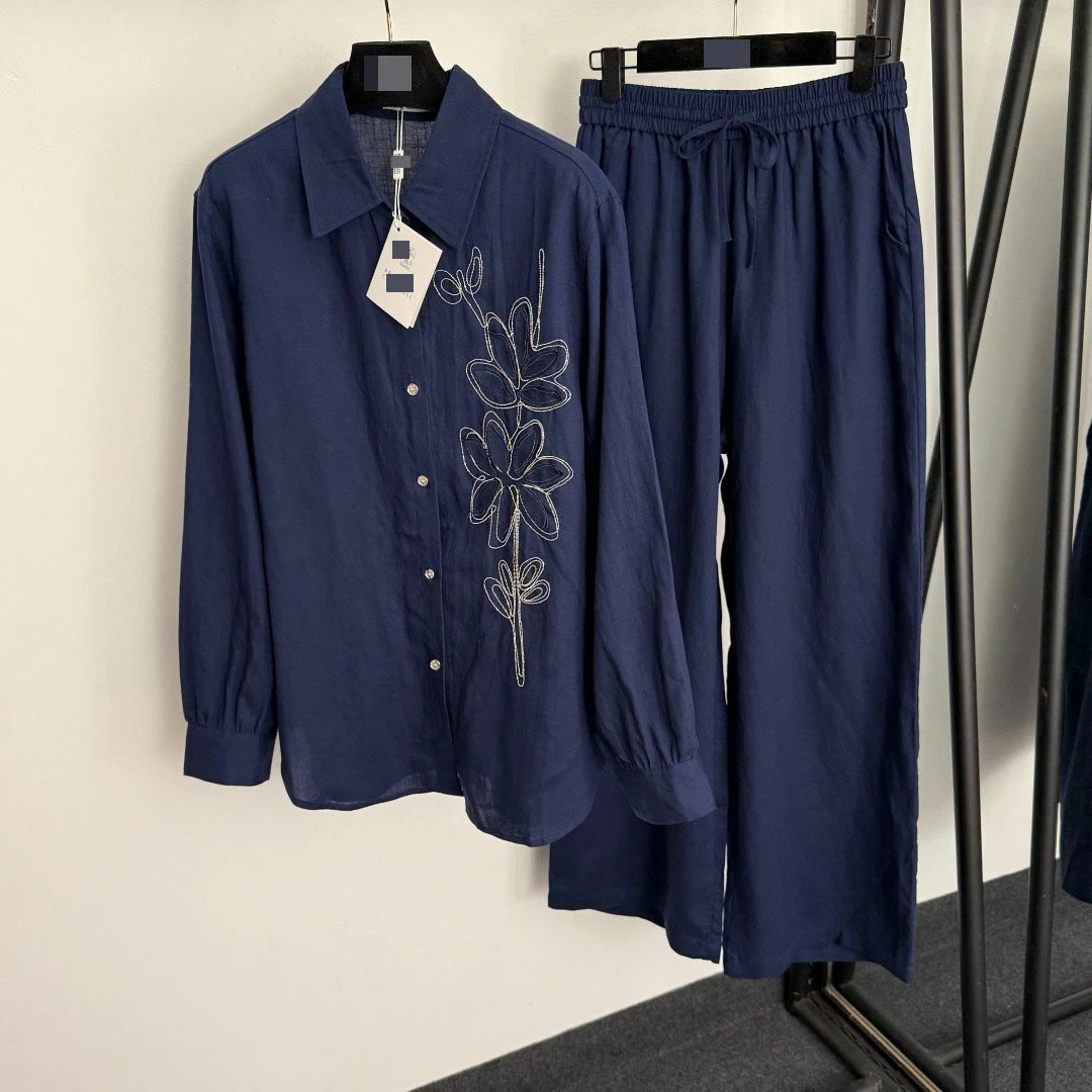 Design Linen Floral Embroidered Shirt and Drawstring Pants Set Beige - 6