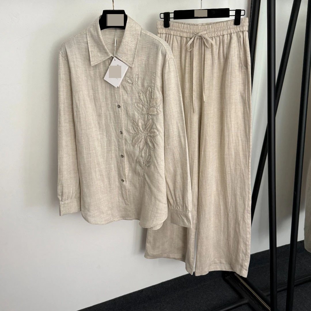 Design Linen Floral Embroidered Shirt and Drawstring Pants Set Beige - 8