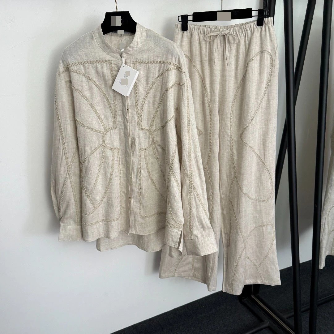 Design Linen-Blend Embroidered Green Set: Shirt and Wide-Leg Pants - 4